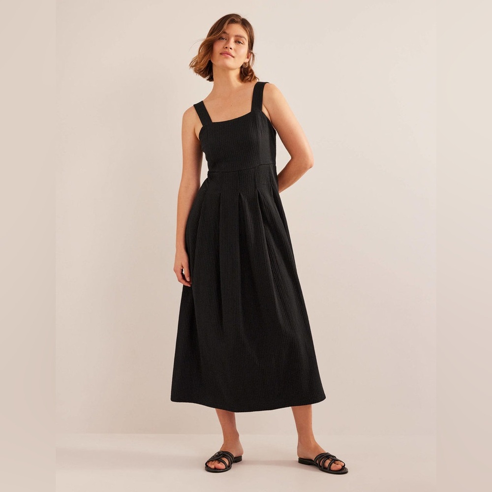 Boden Strappy Seersucker Midi Dress Black Cotton Stretch Coastal  G14
